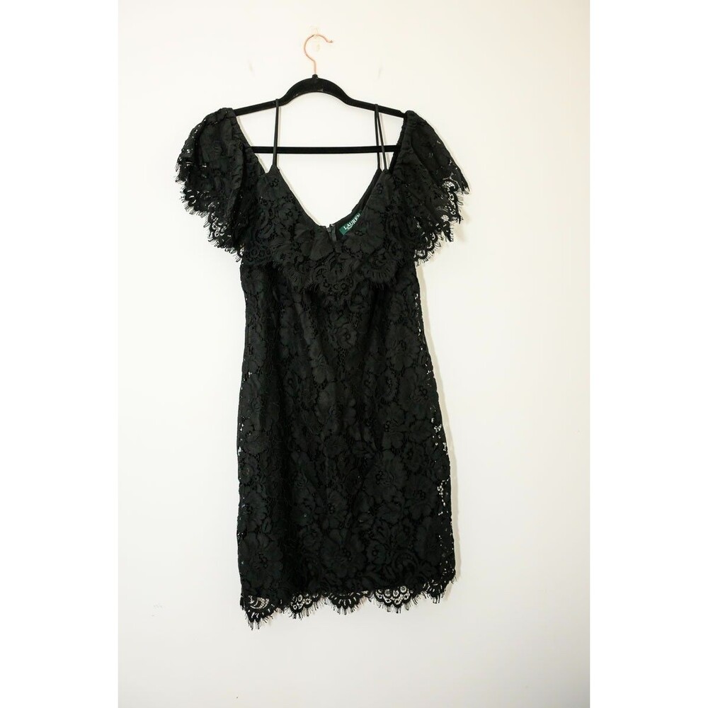 Lauren Ralph Lauren Dress Black 12 floral Lace Cocktail Event LBD NEW